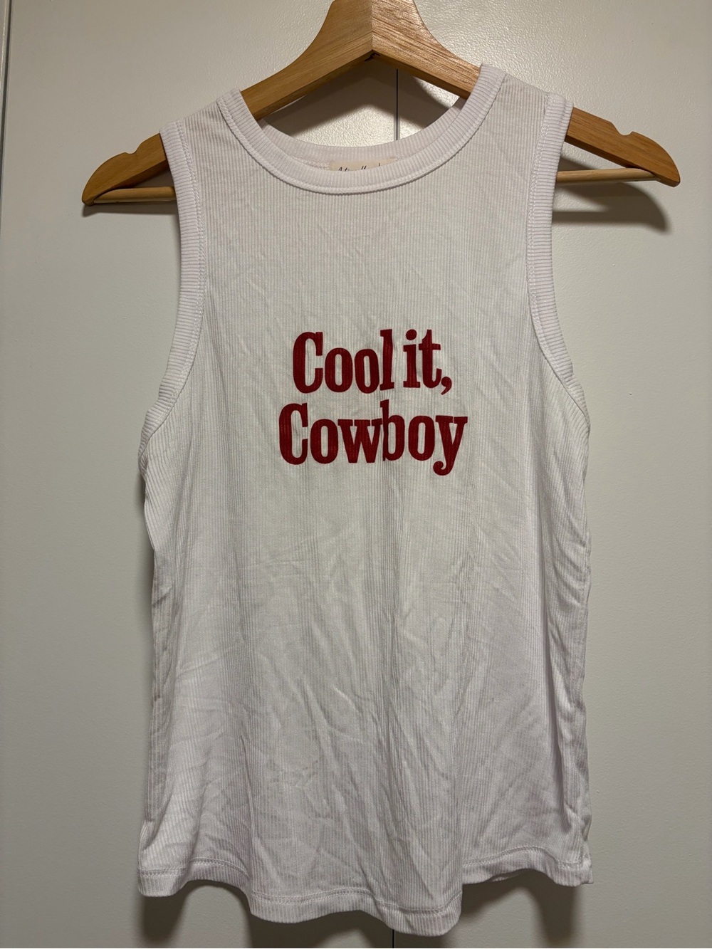 Graphic Tank Top "Cool it, Cowboy" - White with Red Text